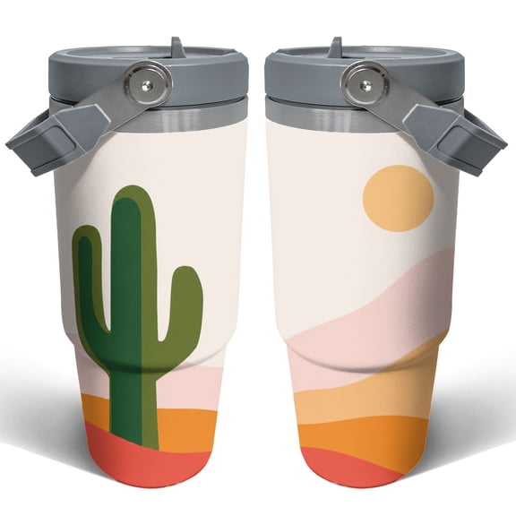30oz Desert Cactus Travel Tumbler Gift Insulated Car Cup Western Desert Landscape Stainless Steel Coffee Cup with Handle and Straw