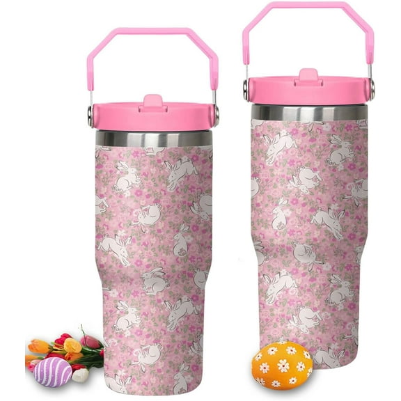 30oz Easter Bunny Tumbler with Handle and Flip Straw, Rabbit Stainless Steel Vacuum Insulated Cup, Travel Mug Water Bottle, Gifts for Women Bunny Lovers