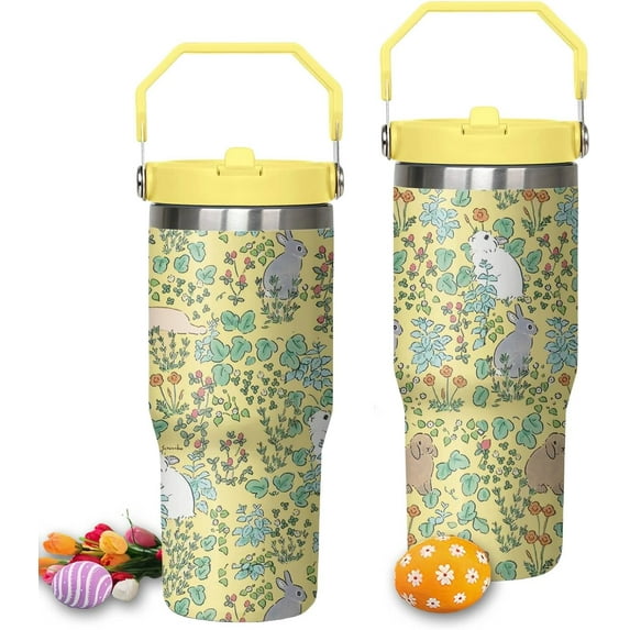 30oz Easter Bunny Tumbler with Handle and Flip Straw, Rabbit Stainless Steel Vacuum Insulated Cup, Travel Mug Water Bottle, Gifts for Women Bunny Lovers