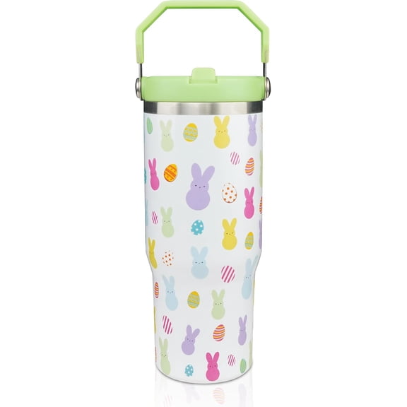 30oz Easter Tumbler with Handle and Straw, Colorful Rabbits Insulated Tumbler, Leak Proof Travel Coffee Mug, Reusable Stainless Steel EasterEgg Tumbler, Easter Gifts for Women