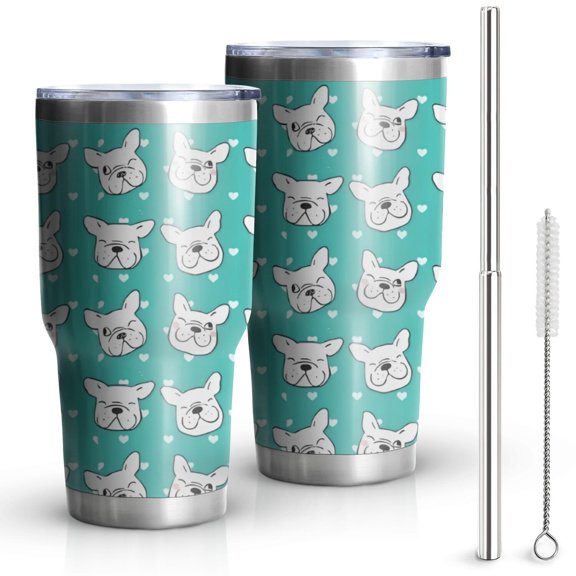 30oz Esign Of Head Pug Dog Tumblers Stainless Steel Tumbler with Lid and Straw,Vacuum Insulated Double Wall Travel Tumbler Cups Mug with Cleaning Brush for Coffee,Tea