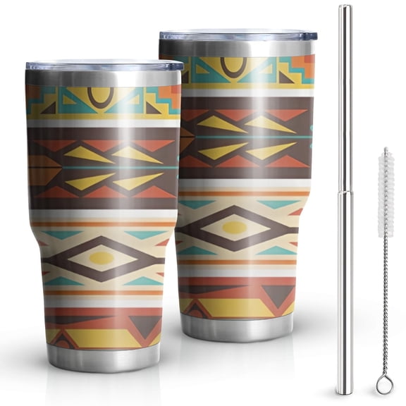 30oz Ethnic Geometric Striped Pattern Tumblers Stainless Steel Tumbler with Lid and Straw,Vacuum Insulated Double Wall Travel Tumbler Cups Mug with Cleaning Brush for Coffee,Tea