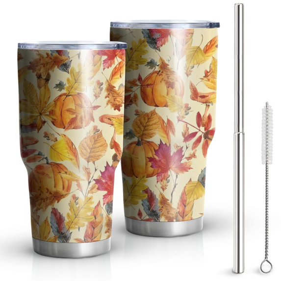 30oz Fall Pumpkins and Autumn Leaves Pattern Tumblers Stainless Steel Tumbler with Lid and Straw,Vacuum Insulated Double Wall Travel Tumbler Cups Mug with Cleaning Brush for Coffee,Tea
