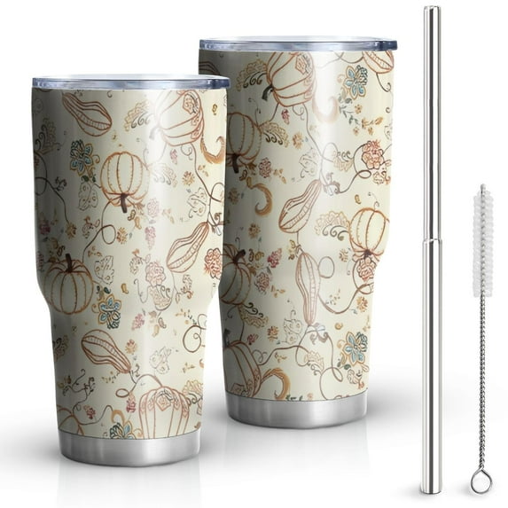 30oz Fall Pumpkins and Floral Pattern Tumblers Stainless Steel Tumbler with Lid and Straw,Vacuum Insulated Double Wall Travel Tumbler Cups Mug with Cleaning Brush for Coffee,Tea