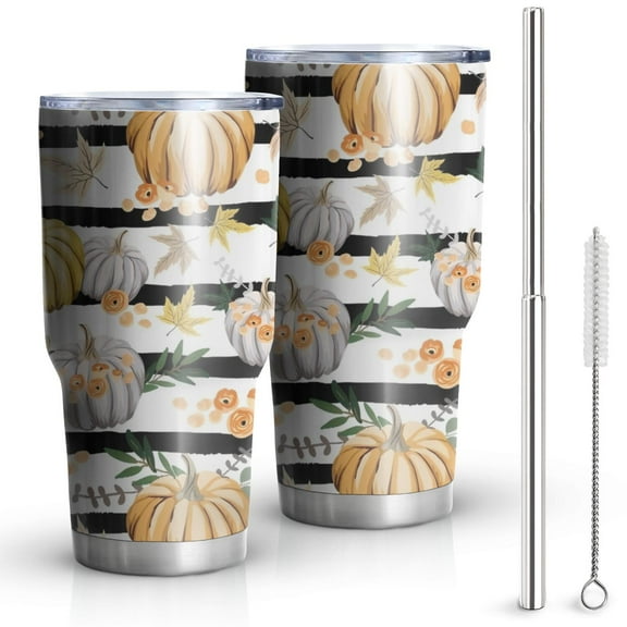 30oz Fall Pumpkins and Leaves Pattern Tumblers Stainless Steel Tumbler with Lid and Straw,Vacuum Insulated Double Wall Travel Tumbler Cups Mug with Cleaning Brush for Coffee,Tea