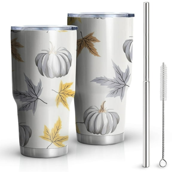 30oz Fall Pumpkins Leaves Pattern Tumblers Stainless Steel Tumbler with Lid and Straw,Vacuum Insulated Double Wall Travel Tumbler Cups Mug with Cleaning Brush for Coffee,Tea