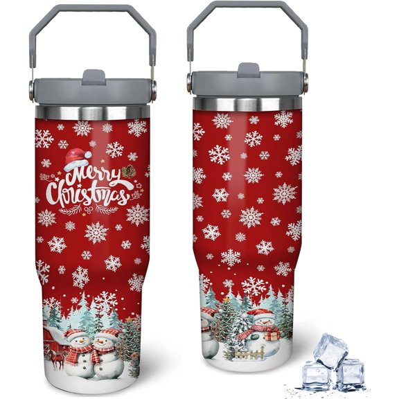 30oz Farmhouse Red Snowman Tumbler - Stainless Steel Insulated Mug with Handle and Straw, Christmas Gift for Women & Girls