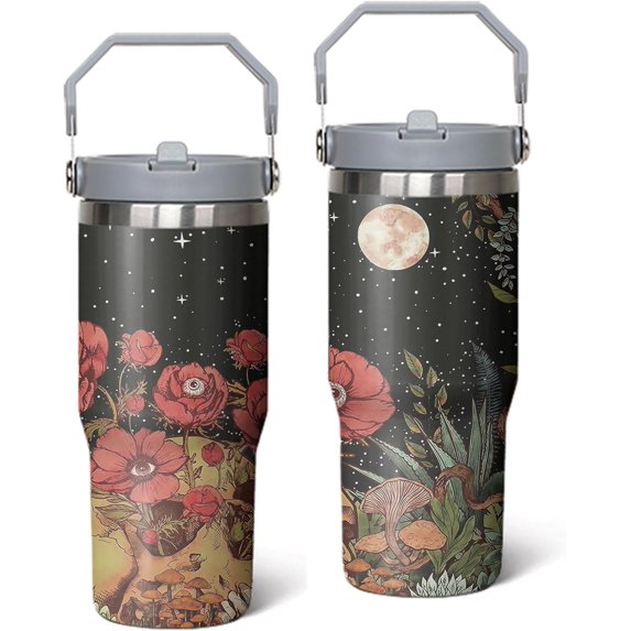 30oz Flowers Skeleton Moon Garden Ghost Stainless Steel Flip Straw Tumbler Halloween Spill Proof Travel Cup Skull Floral Double Wall Vacuum Insulated Coffee Mug with Top Handle