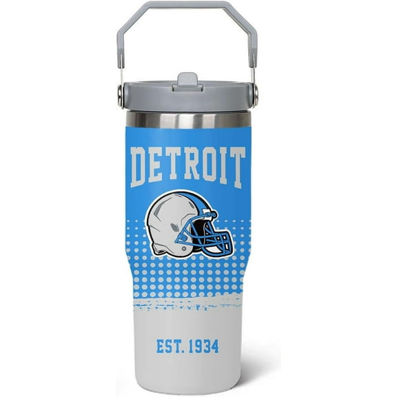 30oz Football Detroit Tumbler with Handle and Straw for Football Fans Gifts Travel Mug Tumbler Cup Keeps Drinks Cold & Hot