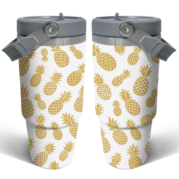 30oz Gold Pineapple Tropical Insulated Tumbler with Handle and Straw Stainless Steel Travel Cup Beach Summer Gift