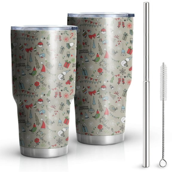 30oz Gray Christmas Icon Pattern Tumblers Stainless Steel Tumbler with Lid and Straw,Vacuum Insulated Double Wall Travel Tumbler Cups Mug with Cleaning Brush for Coffee,Tea