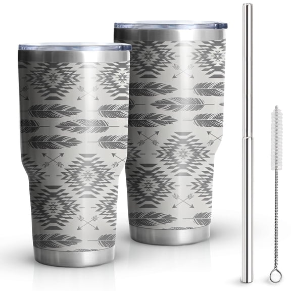 30oz Gray Ethnic Feather Pattern Tumblers Stainless Steel Tumbler with Lid and Straw,Vacuum Insulated Double Wall Travel Tumbler Cups Mug with Cleaning Brush for Coffee,Tea