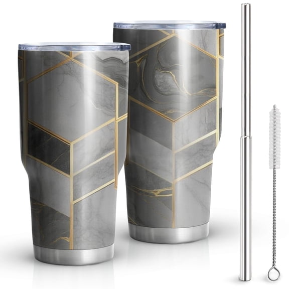 30oz Gray Gold Hexagon Marble Pattern Tumblers Stainless Steel Tumbler with Lid and Straw,Vacuum Insulated Double Wall Travel Tumbler Cups Mug with Cleaning Brush for Coffee,Tea