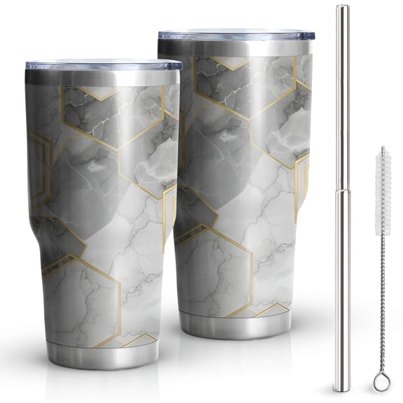 30oz Gray Marble Gold Hexagon Pattern Tumblers Stainless Steel Tumbler with Lid and Straw,Vacuum Insulated Double Wall Travel Tumbler Cups Mug with Cleaning Brush for Coffee,Tea