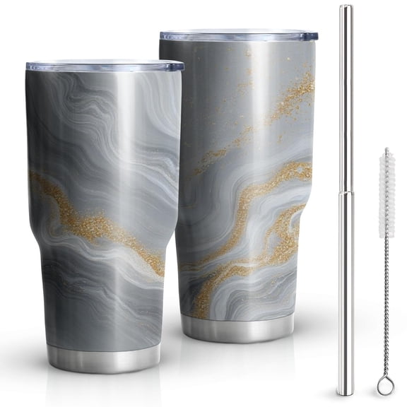 30oz Gray Marble Gold Wave Pattern Tumblers Stainless Steel Tumbler with Lid and Straw,Vacuum Insulated Double Wall Travel Tumbler Cups Mug with Cleaning Brush for Coffee,Tea