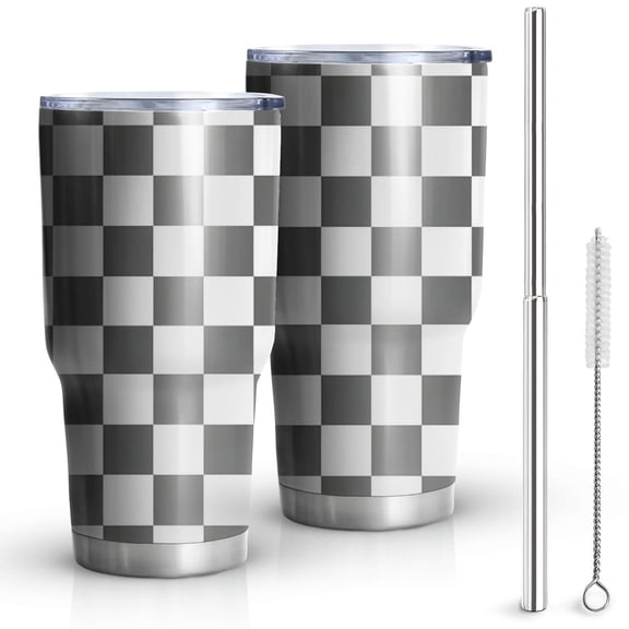 30oz Gray and White Checkerboard Checkered Pattern Tumblers Stainless Steel Tumbler with Lid and Straw,Vacuum Insulated Double Wall Travel Tumbler Cups Mug with Cleaning Brush for Coffee,Tea