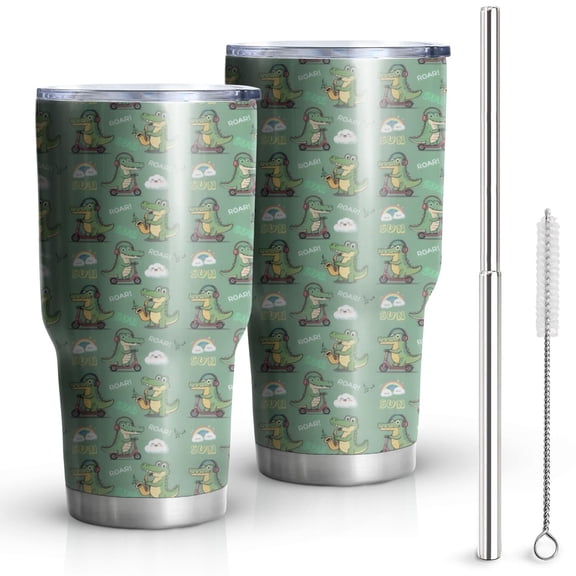 30oz Green Alligators Icons Pattern Tumblers Stainless Steel Tumbler with Lid and Straw,Vacuum Insulated Double Wall Travel Tumbler Cups Mug with Cleaning Brush for Coffee,Tea