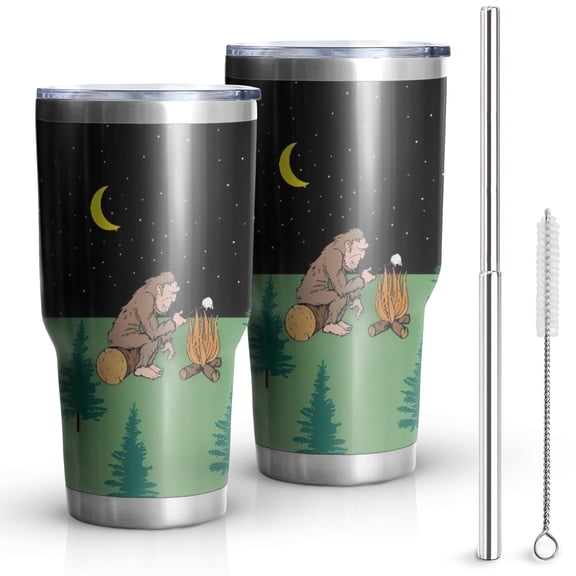 30oz Green Bigfoot and Campfire Pattern Tumblers Stainless Steel Tumbler with Lid and Straw,Vacuum Insulated Double Wall Travel Tumbler Cups Mug with Cleaning Brush for Coffee,Tea