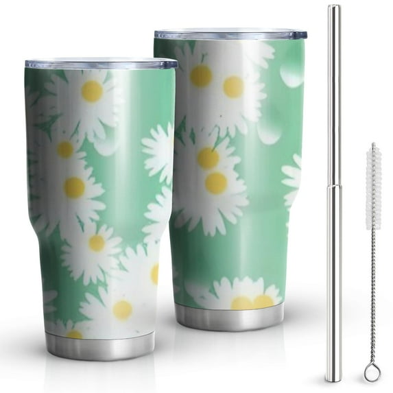 30oz Green Daisy Flower Yellow Centers Pattern Tumblers Stainless Steel Tumbler with Lid and Straw,Vacuum Insulated Double Wall Travel Tumbler Cups Mug with Cleaning Brush for Coffee,Tea
