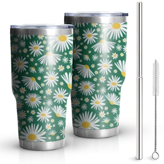 30oz Green Daisy Flower Yellow Centers Pattern Tumblers Stainless Steel Tumbler with Lid and Straw,Vacuum Insulated Double Wall Travel Tumbler Cups Mug with Cleaning Brush for Coffee,Tea