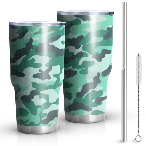 30oz Green Teal Camo Classic Shapes Pattern Tumblers Stainless Steel Tumbler with Lid and Straw,Vacuum Insulated Double Wall Travel Tumbler Cups Mug with Cleaning Brush for Coffee,Tea