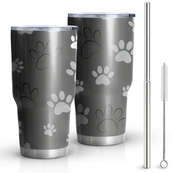 30oz Grey Dog Paw Footprint Tumblers Stainless Steel Tumbler with Lid and Straw,Vacuum Insulated Double Wall Travel Tumbler Cups Mug with Cleaning Brush for Coffee,Tea