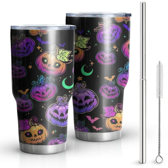 30oz Halloween Colorful Pumpkins with Leaves Tumblers Stainless Steel Tumbler with Lid and Straw,Vacuum Insulated Double Wall Travel Tumbler Cups Mug with Cleaning Brush for Coffee,Tea