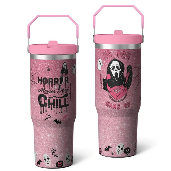 30oz Halloween Ghostface Stainless Steel Tumbler with Lid and Straw,Horror Spooky Spill Proof Travel Cup Double Wall Vacuum Insulated Coffee Mug with Top Handle Pink