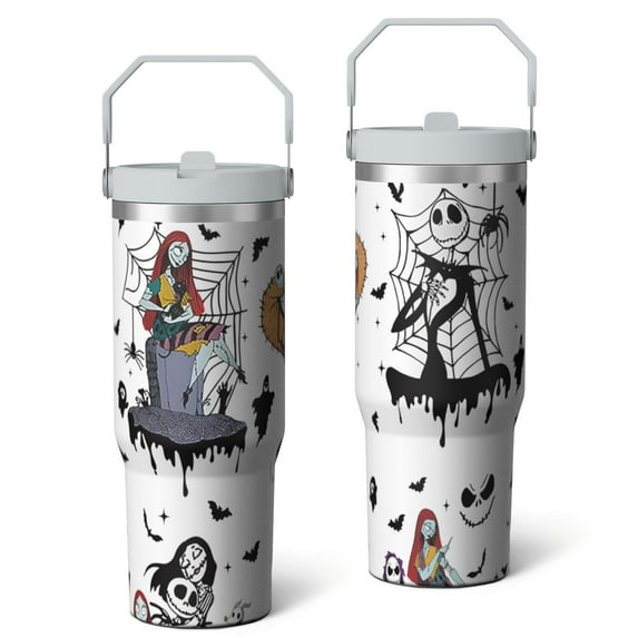 30oz Halloween Nightmare Before Stainless Steel Tumbler with Lid and Straw,Spill Proof Christmas Jack Skeleton Travel Cup Double Wall Vacuum Insulated Coffee Mug with Top Handle White