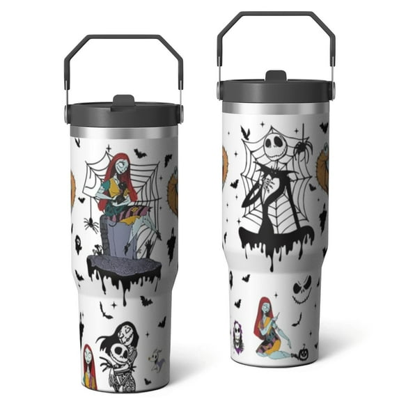 30oz Halloween Nightmare Before Stainless Steel Tumbler with Lid and Straw,Spill Proof Christmas Jack Skeleton Travel Cup Double Wall Vacuum Insulated Coffee Mug with Top Handle Black