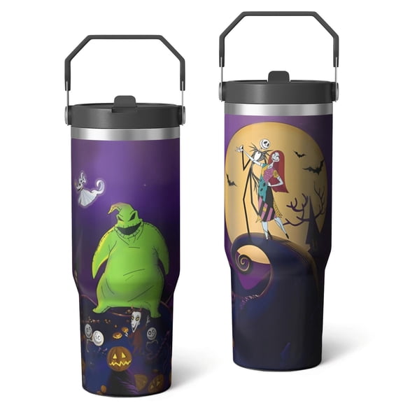 30oz Halloween Nightmare Before Stainless Steel Tumbler with Lid and Straw,Spill Proof Christmas Jack Skeleton Travel Cup Double Wall Vacuum Insulated Coffee Mug with Top Handle Black