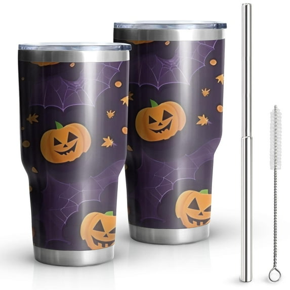 30oz Halloween Pumpkin Bat Pattern Tumblers Stainless Steel Tumbler with Lid and Straw,Vacuum Insulated Double Wall Travel Tumbler Cups Mug with Cleaning Brush for Coffee,Tea