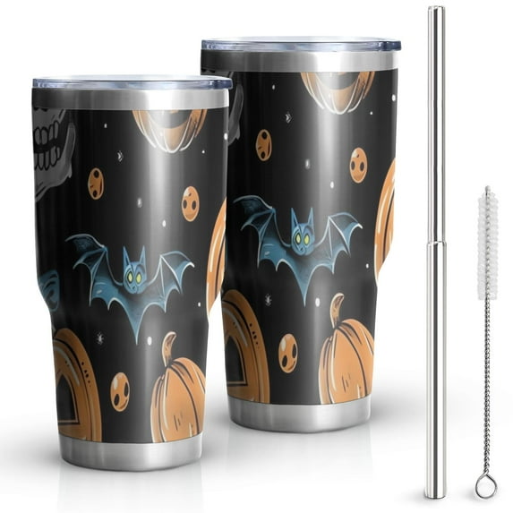 30oz Halloween Pumpkin Skull Pattern Tumblers Stainless Steel Tumbler with Lid and Straw,Vacuum Insulated Double Wall Travel Tumbler Cups Mug with Cleaning Brush for Coffee,Tea