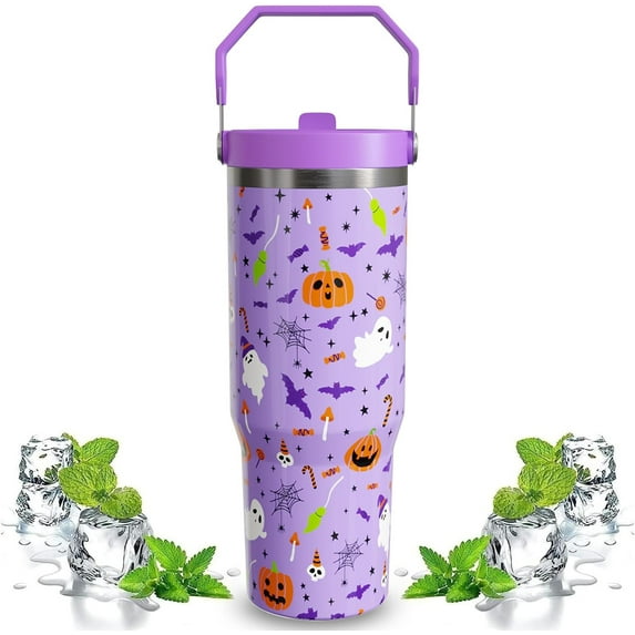 30oz Halloween Tumbler With Handle,Halloween Gifts for kids,Ghost Bat Tumbler With Lid and Straw Stainless Steel Insulated Tumblers Puple halloween Travel Cup Cute Halloween Coffee Mug for Women
