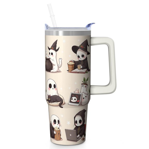 30oz Halloween Tumbler with Handle, Skull Face | Print | Halloween Gifts for Men & Women | with Lids and Straws | Stainless Steel Insulated | Water Bottle Mug