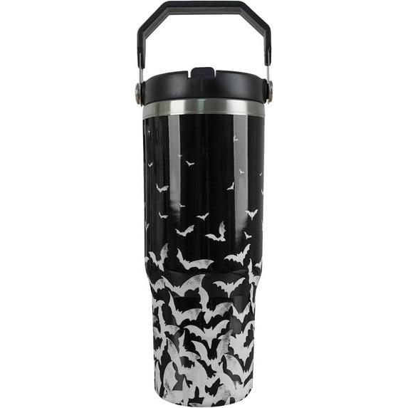 30oz Halloween Tumbler with Handle and Straw, Bat Insulated Leak Proof Tumbler, Black Goth Travel Coffee Mug, Reusable Stainless Steel Witch Tumbler, Halloween Gifts for Women