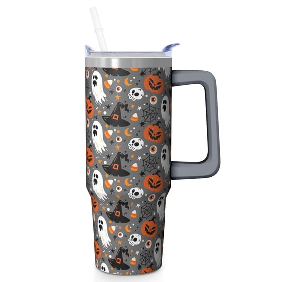 30oz Halloween Tumbler with Handle – Ghost Bat Skeleton Drinkware with Lid and Straw – Creepy Theme Travel Cup – Party Gifts Coffee Mug