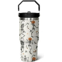 30oz Halloween Tumbler with Handle - Insulated Travel Mug, Coffee Cup & Water Bottle - Skull Ghost Witch Goth Design - Gift for Women