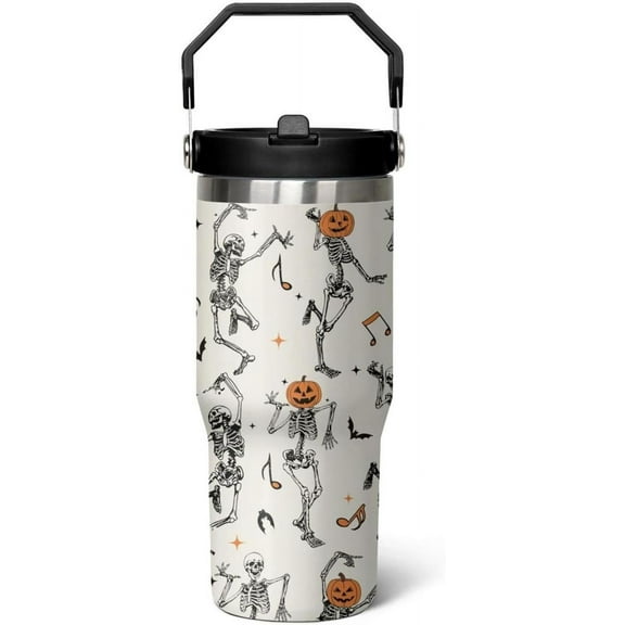 30oz Halloween Tumbler with Handle - Insulated Travel Mug, Coffee Cup & Water Bottle - Skull Ghost Witch Goth Design - Gift for Women