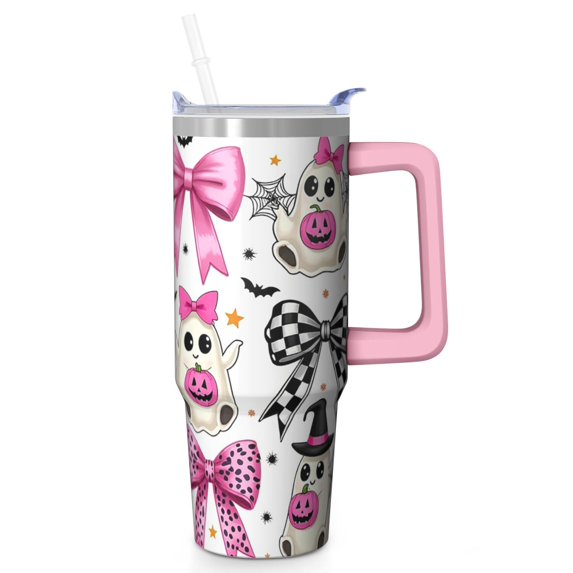 30oz Halloween Tumbler with Straw and Lid Haunted Pumpkin Bat Travel Coffee Tumbler Cup with Handle for Halloween Birthday Gifts
