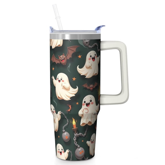 30oz Halloween Tumbler with Straw and Lid Haunted Skull Pumpkin Travel Coffee Tumbler Cup with Handle for Trick or Treat Gifts