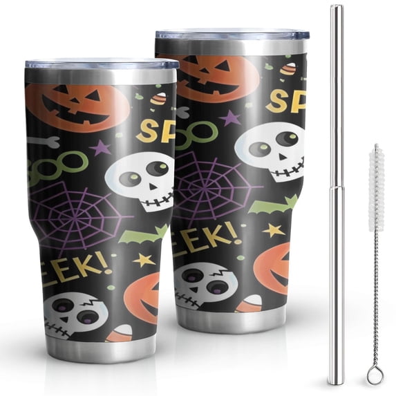 30oz Happy Halloween Pattern Tumblers Stainless Steel Tumbler with Lid and Straw,Vacuum Insulated Double Wall Travel Tumbler Cups Mug with Cleaning Brush for Coffee,Tea