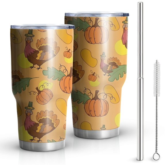 30oz Happy Thanksgiving Turkey Fall Leaves Pumpkin Tumblers Stainless Steel Tumbler with Lid and Straw,Vacuum Insulated Double Wall Travel Tumbler Cups Mug with Cleaning Brush for Coffee,Tea