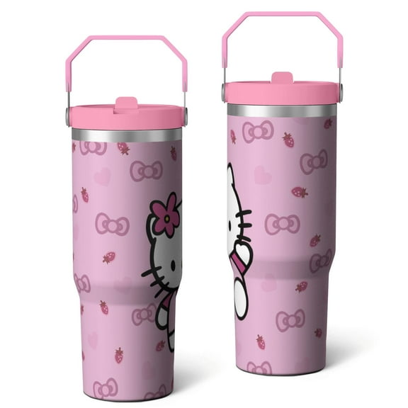 30oz Hello Kawaii Cat Cute Stainless Steel Tumbler with Lid and Straw,Spill Proof Travel Cup Double Wall Vacuum Insulated Coffee Mug with Top Handle Pink