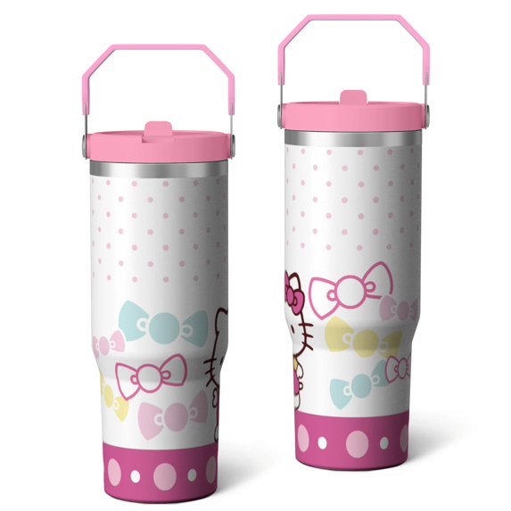 30oz Hello Kawaii Cat Cute Stainless Steel Tumbler with Lid and Straw,Spill Proof Travel Cup Double Wall Vacuum Insulated Coffee Mug with Top Handle Pink