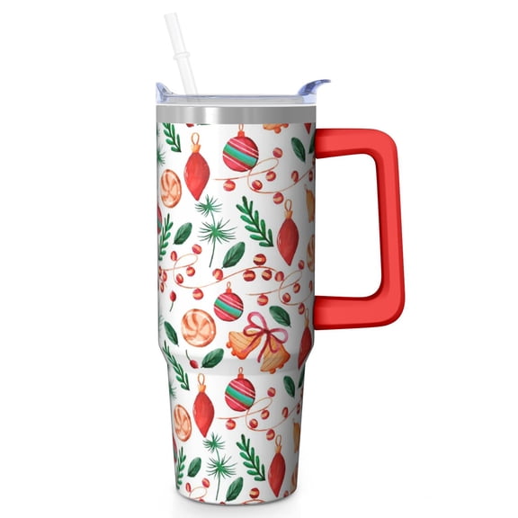 30oz Holiday Tumbler with Lid and Straw, Stainless Steel Cup with Handle Reindeer Travel Coffee Mug, Xmas Gifts