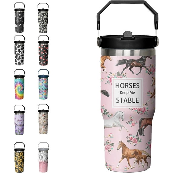 30oz Horse Tumbler with Handle Flip Straw Pink Floral Horse Tumbler Leak Proof Insulated Coffee Mug with Handle Horse Gifts for Girls Women Horse Lover