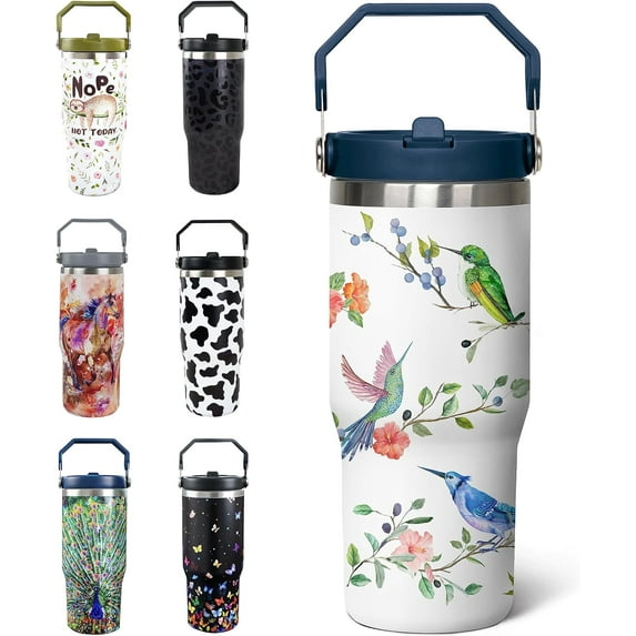 30oz Hummingbird Tumbler with Handle and Straw, Stainless Steel Vacuum Insulated Coffee Tumbler, Travel Mug Water Bottle, hummingbird Gifts for Women