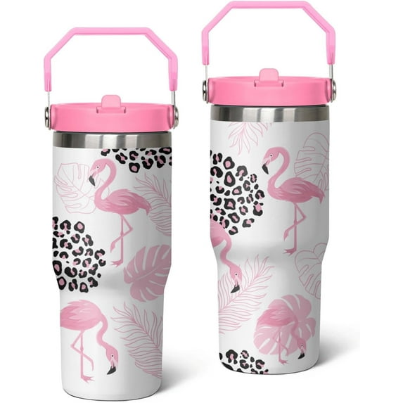 30oz Insulated Flamingo Tumbler with Handle, Featuring a Leak-proof 2-in-1 Lid and Straw, a Vacuum-insulated Travel Coffee Mug, Portable Stainless Steel Water Bottle, Suitable for Both Women and Men