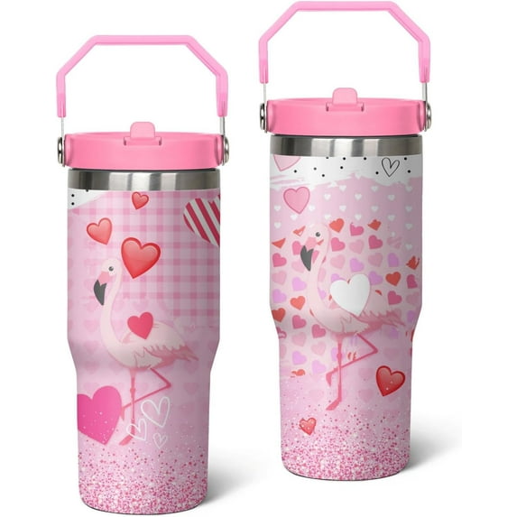 30oz Insulated Flamingo Tumbler with Handle, Featuring a Leak-proof 2-in-1 Lid and Straw, a Vacuum-insulated Travel Coffee Mug, Portable Stainless Steel Water Bottle, Suitable for Both Women and Men
